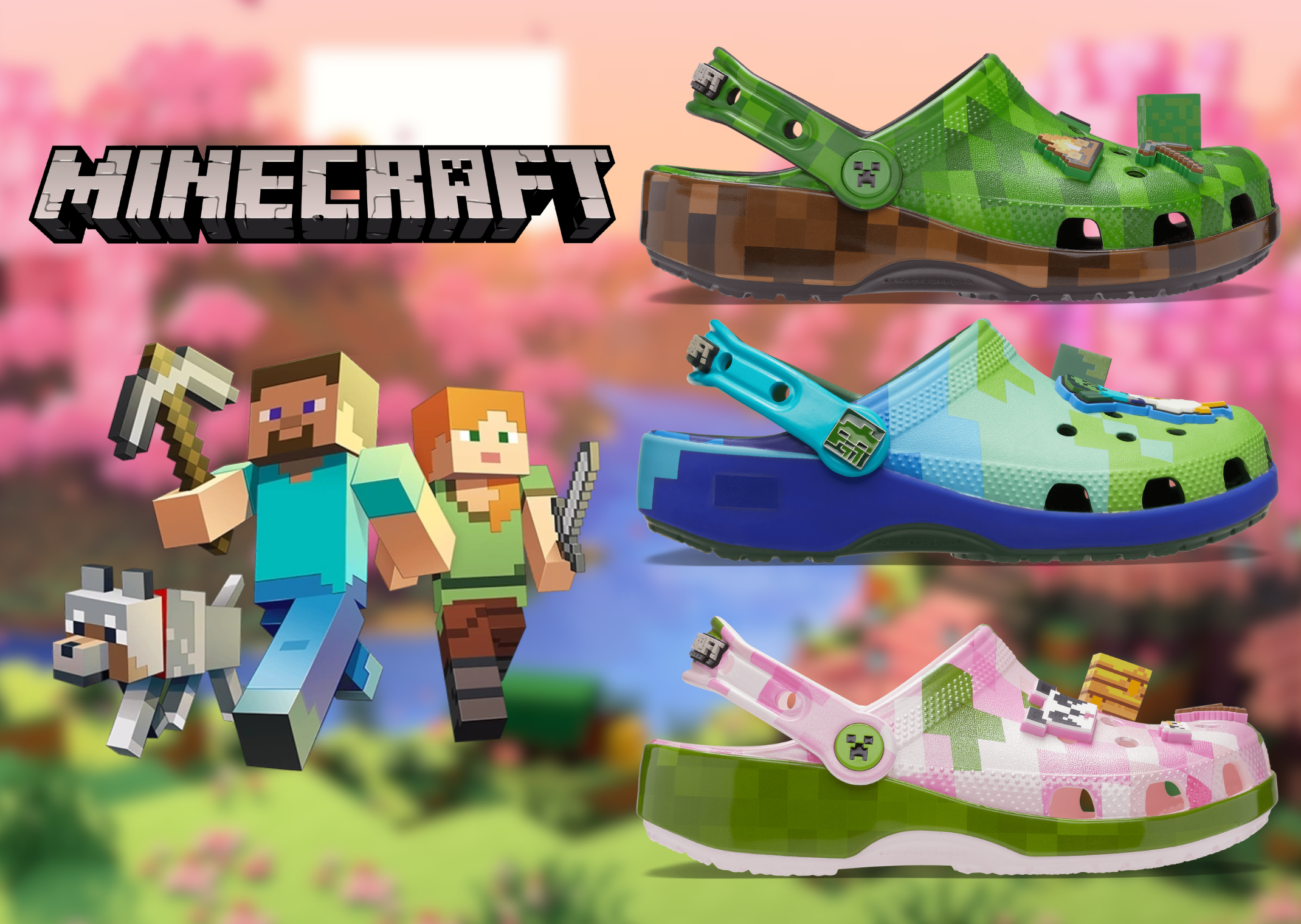 Three Minecraft-themed Crocs clogs beside Minecraft characters.