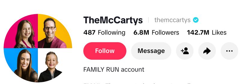 The McCartys, a family-comedy creator group, posing together with playful expressions and a bright, high-energy tone.
