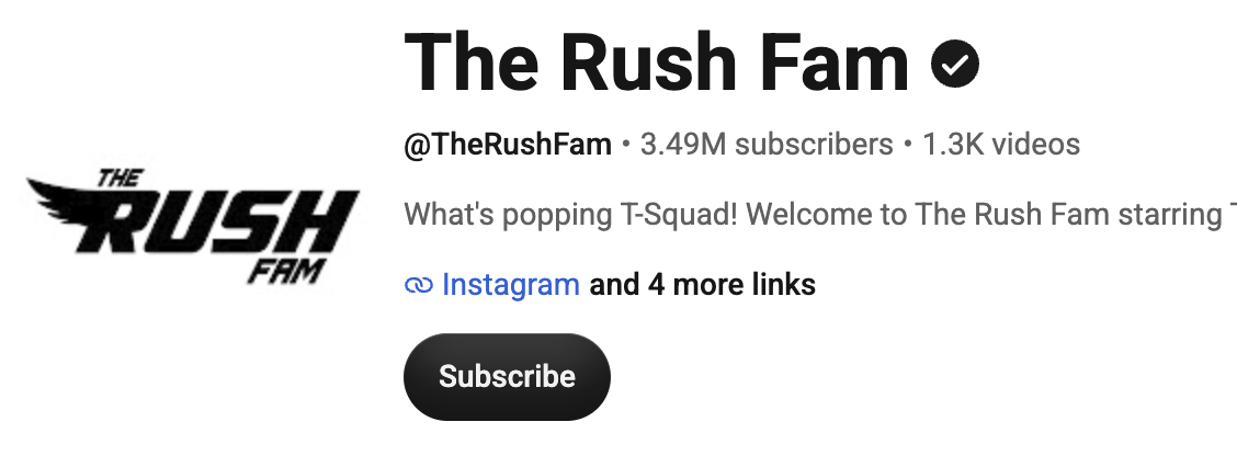 The Rush Family, family gaming creators, posing together in a bright and upbeat group portrait.