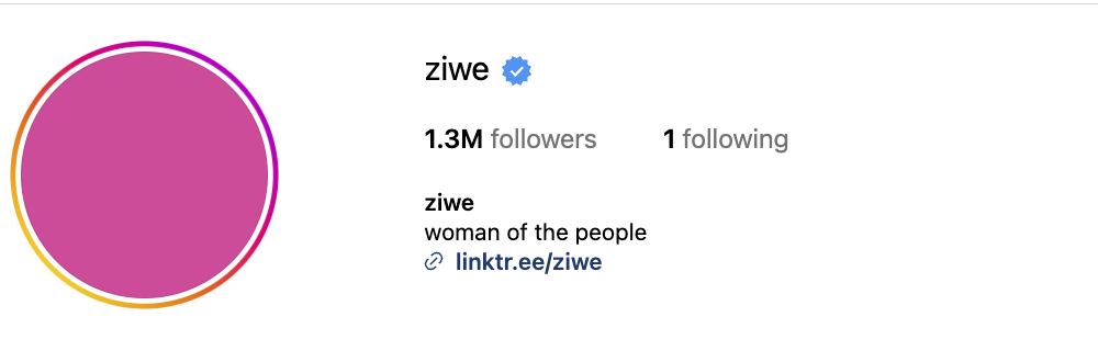 Satirical comedian Ziwe Fumudoh has a pink circle for her Social profile