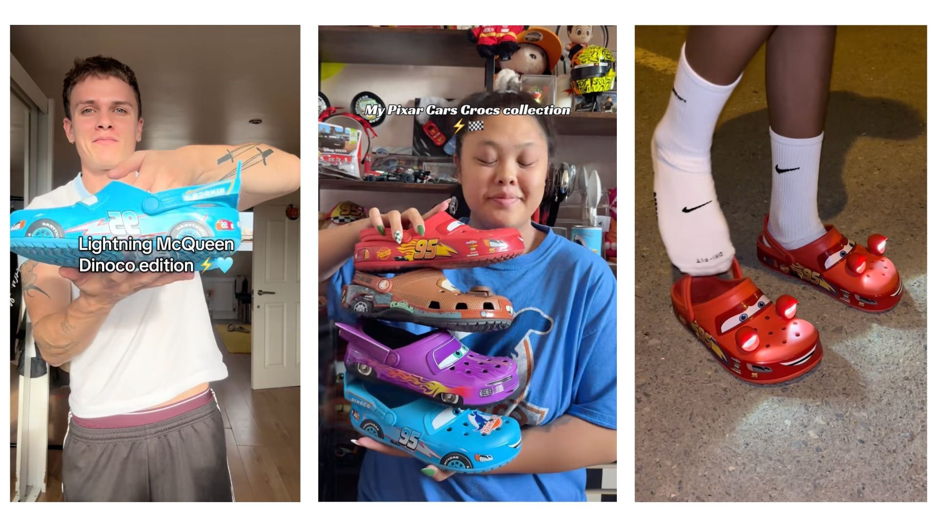 Fans display and wear Pixar Cars Crocs, including Lightning McQueen designs.